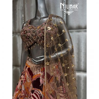 Brown Net Printed Lehenga