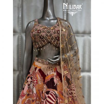 Brown Net Printed Lehenga