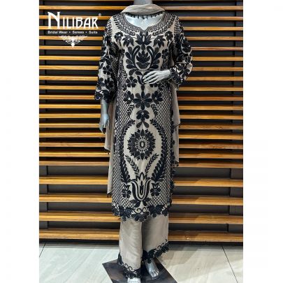 Beige & Black Georgette Straight Palazzo Suit
