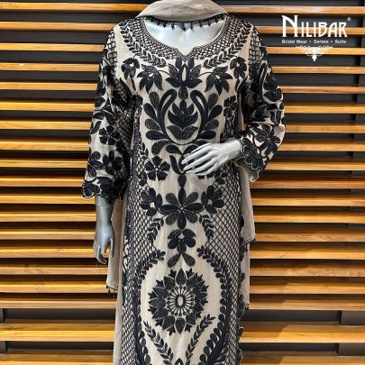 Beige & Black Georgette Straight Palazzo Suit