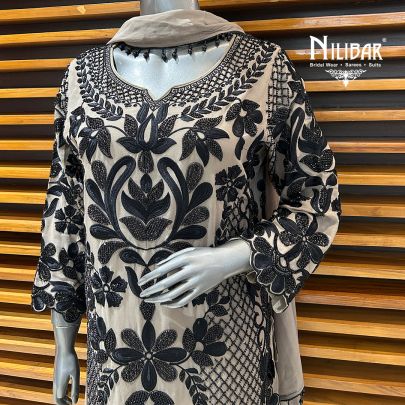 Beige & Black Georgette Straight Palazzo Suit