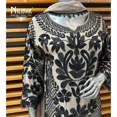 Beige & Black Georgette Straight Palazzo Suit