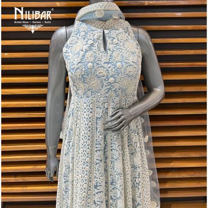 Light Blue Net Straight Anarkali Suit