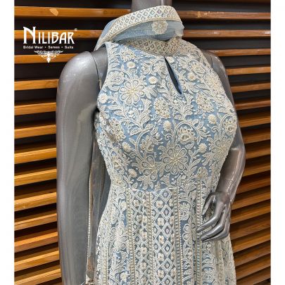 Light Blue Net Straight Anarkali Suit