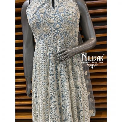Light Blue Net Straight Anarkali Suit