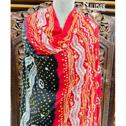Red Black Silk Embroidered Dupatta