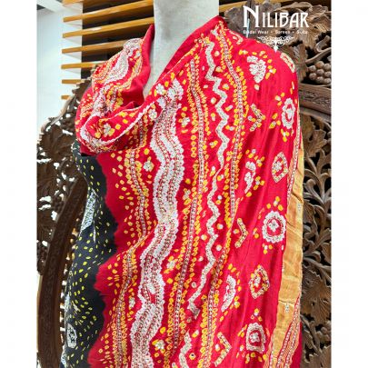 Red Black Silk Embroidered Dupatta