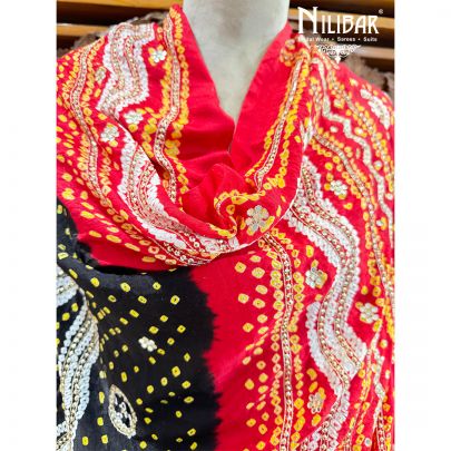 Red Black Silk Embroidered Dupatta
