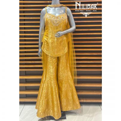 Mustard Yellow Banarasi Silk Bell Bottom Indo-Western Set