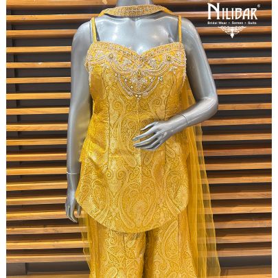 Mustard Yellow Banarasi Silk Bell Bottom Indo-Western Set