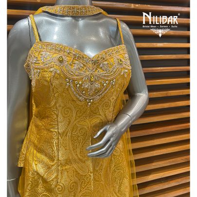 Mustard Yellow Banarasi Silk Bell Bottom Indo-Western Set