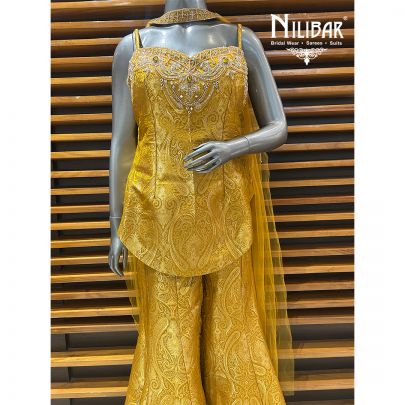 Mustard Yellow Banarasi Silk Bell Bottom Indo-Western Set