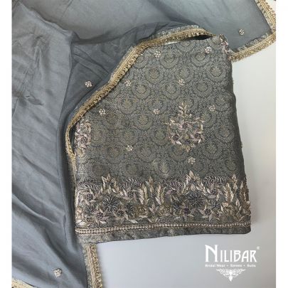 Grey Banarasi Silk Embroidered Unstitched Suit