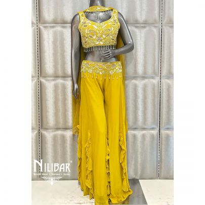 Yellow Georgette Crop Top With Palazzo Set