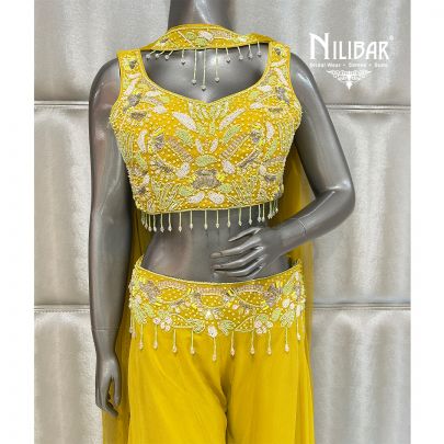Yellow Georgette Crop Top With Palazzo Set