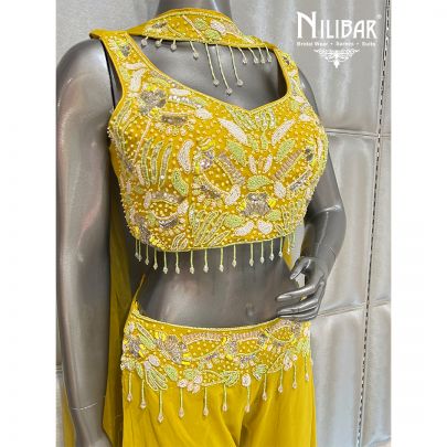 Yellow Georgette Crop Top With Palazzo Set