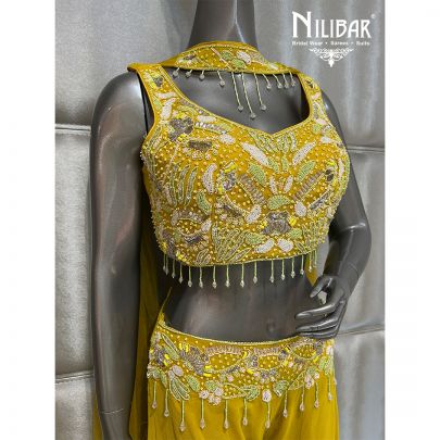 Yellow Georgette Crop Top With Palazzo Set