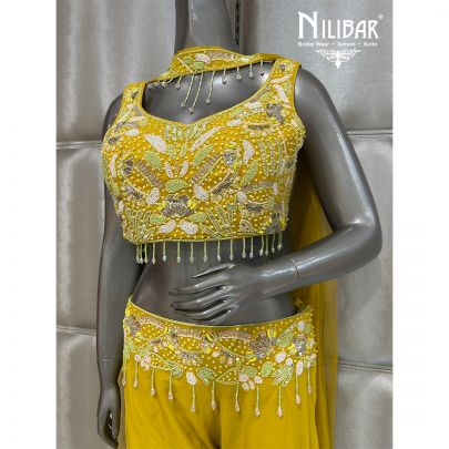 Yellow Georgette Crop Top With Palazzo Set