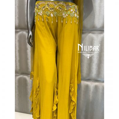 Yellow Georgette Crop Top With Palazzo Set
