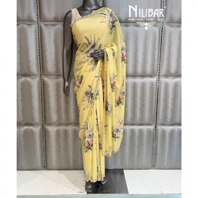 Yellow Chinon Floral Saree