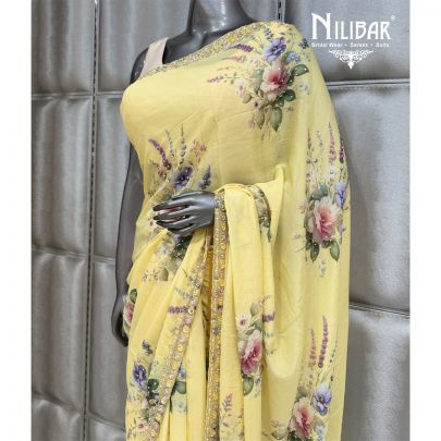 Yellow Chinon Floral Saree