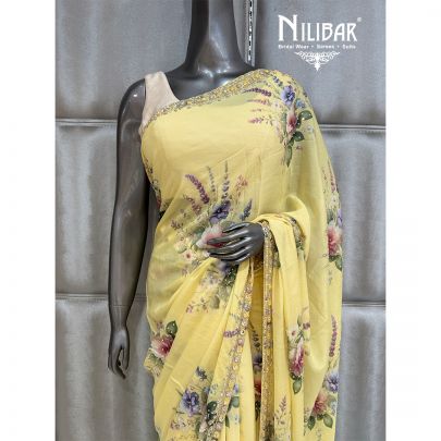 Yellow Chinon Floral Saree