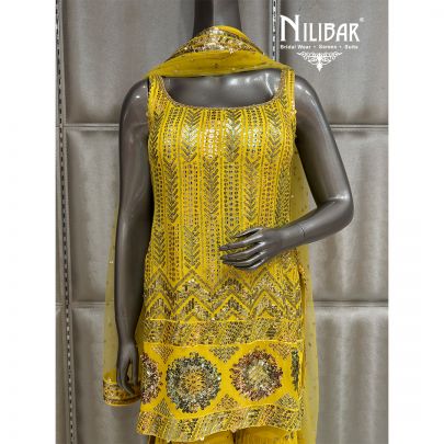 Yellow Georgette Short Shirt Paired With Sharara