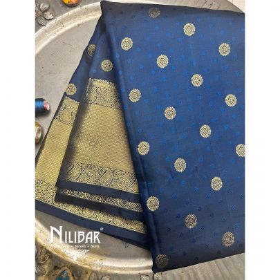 Navy Blue Silk Embroidered Kanjivaram Saree