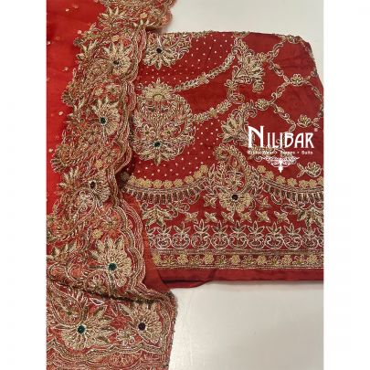 Burnt Orange Organza Unstitched Suit