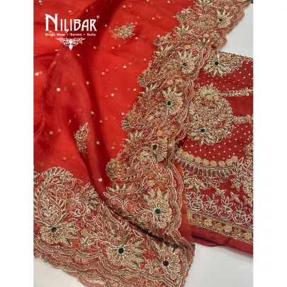 Burnt Orange Organza Unstitched Suit