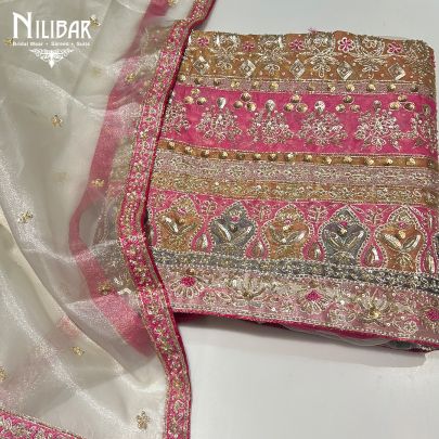 Off White & Pink Organza Unstitched Suit