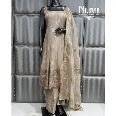 Gold & Ivory Georgette Anarkali Shirt Paired With Farshi Salwar & Dupatta