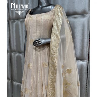 Gold & Ivory Georgette Anarkali Shirt Paired With Farshi Salwar & Dupatta