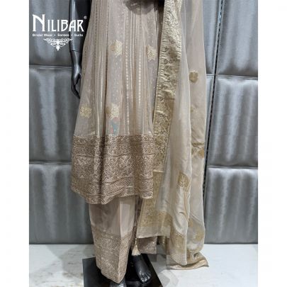 Gold & Ivory Georgette Anarkali Shirt Paired With Farshi Salwar & Dupatta