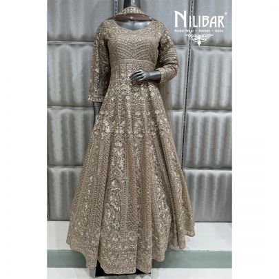 Champagne Gold Net Long Embroidered Anarkali Paired With Dupatta