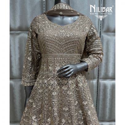 Champagne Gold Net Long Embroidered Anarkali Paired With Dupatta
