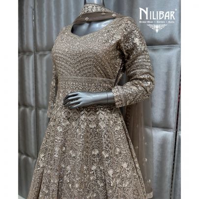 Champagne Gold Net Long Embroidered Anarkali Paired With Dupatta