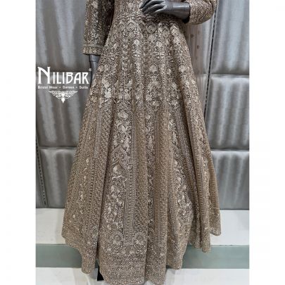 Champagne Gold Net Long Embroidered Anarkali Paired With Dupatta