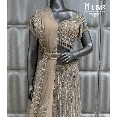 Champagne Gold Net Embroidered Fish Cut Lehenga Choli