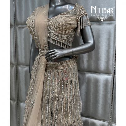 Champagne Gold Net Embroidered Fish Cut Lehenga Choli