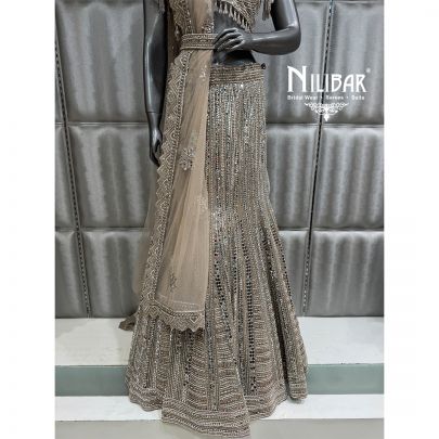 Champagne Gold Net Embroidered Fish Cut Lehenga Choli