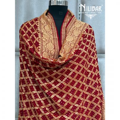 Red Embroidered Chinon Bandhani Dupatta
