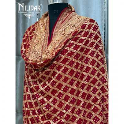 Red Embroidered Chinon Bandhani Dupatta
