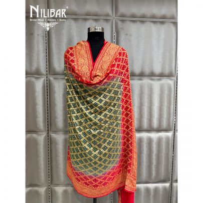 Green and Red Embroidered Chinon Bandhani Dupatta
