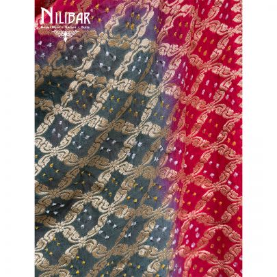 Green and Red Embroidered Chinon Bandhani Dupatta