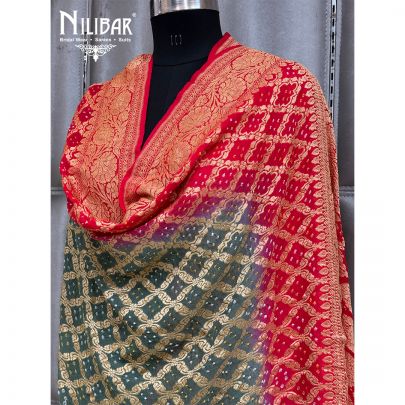 Green and Red Embroidered Chinon Bandhani Dupatta