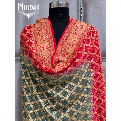 Green and Red Embroidered Chinon Bandhani Dupatta