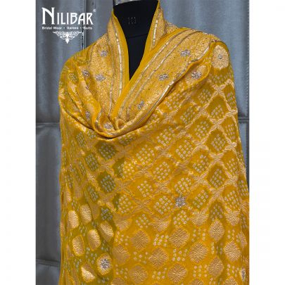 Yellow Embroidered Chinon Bandhani Dupatta