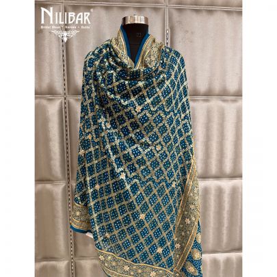 Blue Embroidered Chinon Bandhani Dupatta