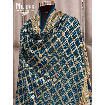 Blue Embroidered Chinon Bandhani Dupatta